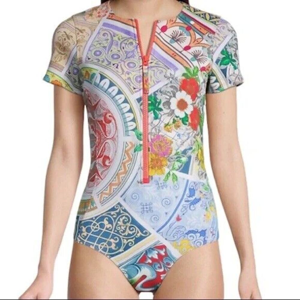 Johnny Was Boho Neoprene One Piece Small Short Sleeve Swim Paddle Suit Rashguard